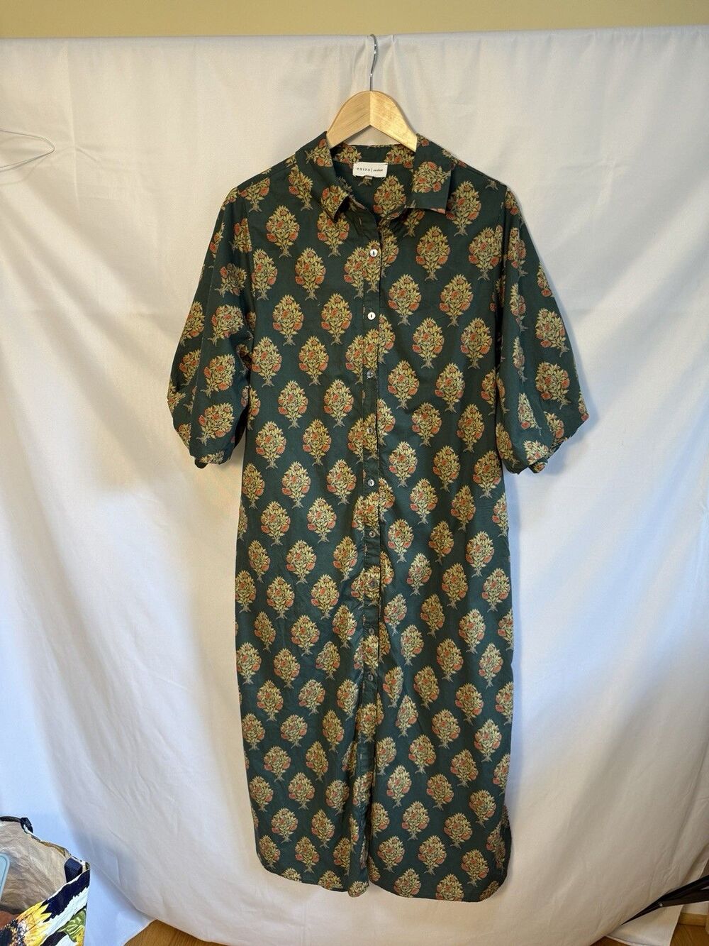 Entro Women Maxi Floral Dress M Print Short Sleeve Shirt Dress Collared Anthro - Picture 4 of 11